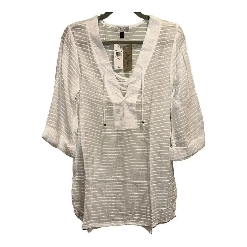 NWT J. Valdi Sheer Lace Up Swim Cover‎ Up Shirt